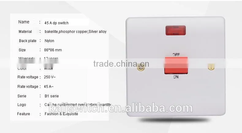 China Alibaba Supplier 1 gang 45a DP light switchs with neon
