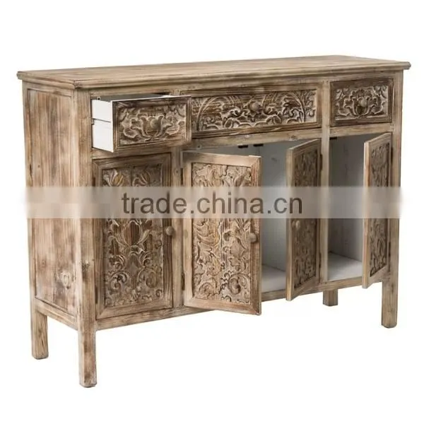 Shabby chic unfinished solid wood treasure chest of drawers with carved door and drawers