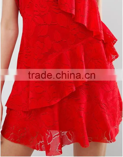 China women clothing Manufacturer Red Sexy Lace Ruffle Mini dress
