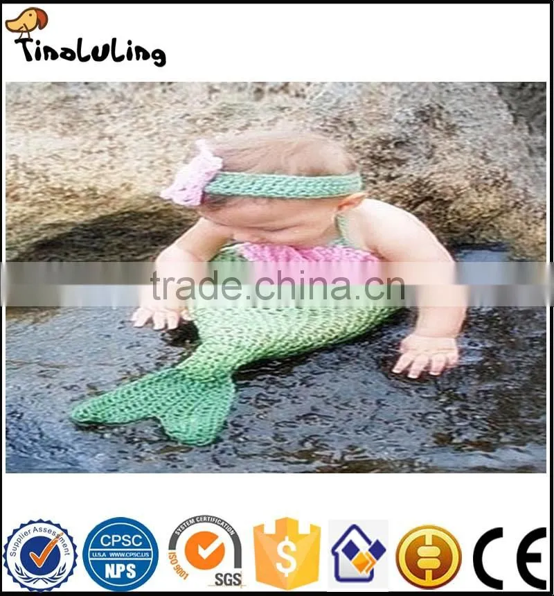 2017 New Baby Girls Knit Crochet Pink Hairband Bra Green Mermaid Costume Photography Props