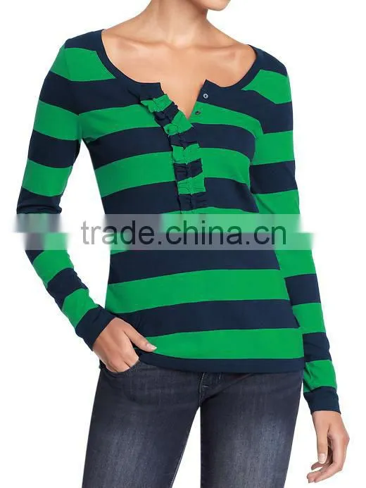 Womens striped long sleeve t shirt with ruffled placket