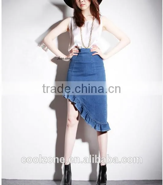 2015 New fashion Asymmetrical Ruffled Denim Pencil Mini Short Skirt