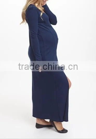 2016 New Maternity Dresses With Navy Blue Maternity Side-Slit Maxi Dress Pretty Women Clothes WD80817-18