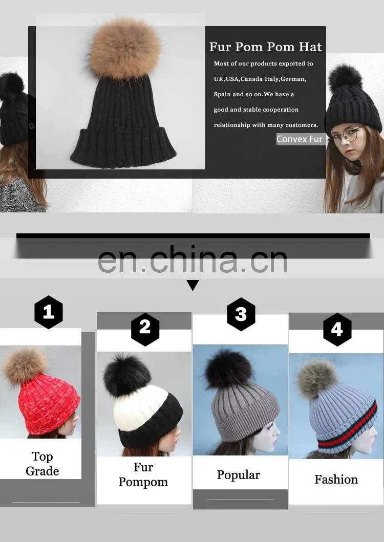 Wholesale mens knitted plain beanie hat with fur pom pom