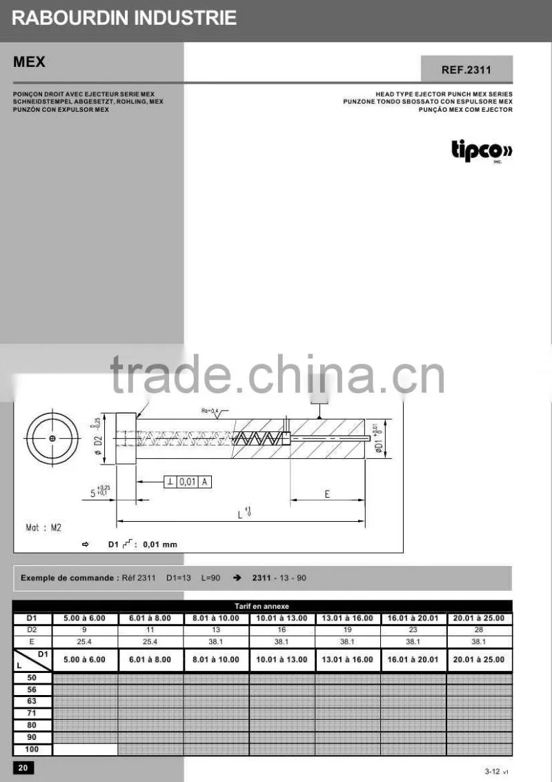 Rabourdin MEX standard ISO 8020 head type ejector punch