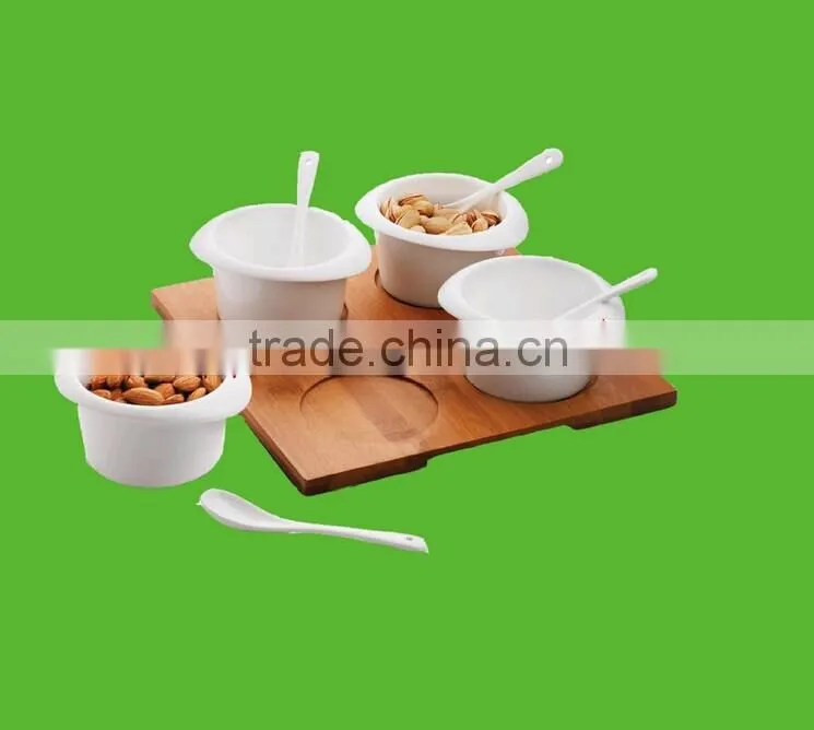 white porcelain chip and dip bowl set bamboo tray