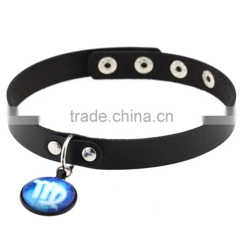 Fashion Women Man Round Zodiac Pendant Necklace Leather Chain Necklace Choker Vintage Jewelry