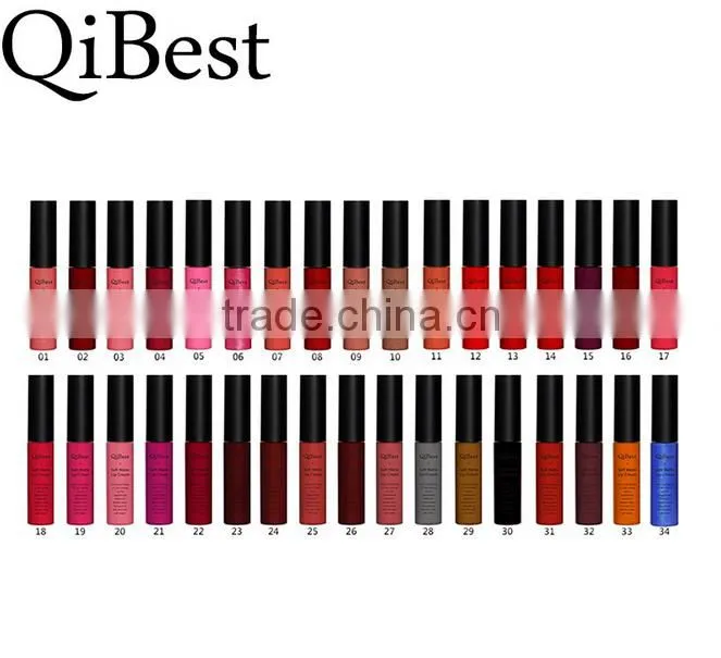 QIBEST 34color matte color longlasting lip gloss liquid lipstick cheap price