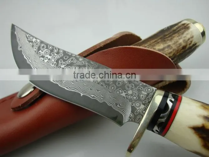 OEM damascus blade hunting knife with antlers handle