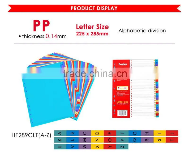 Letter size Assorted Colors Plastic Index Divider/Plastic File Index