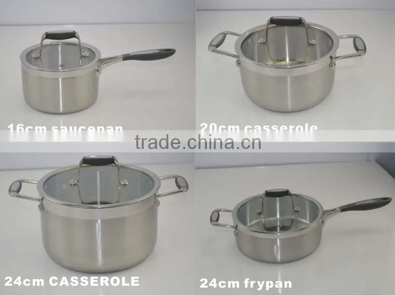 kitchen cabinet item Tri-ply stainless steel kitchen queen cookware set with silicon handle and glass lid