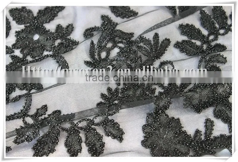 Latest modern black beads embroidery textile fabric for cloths or dress