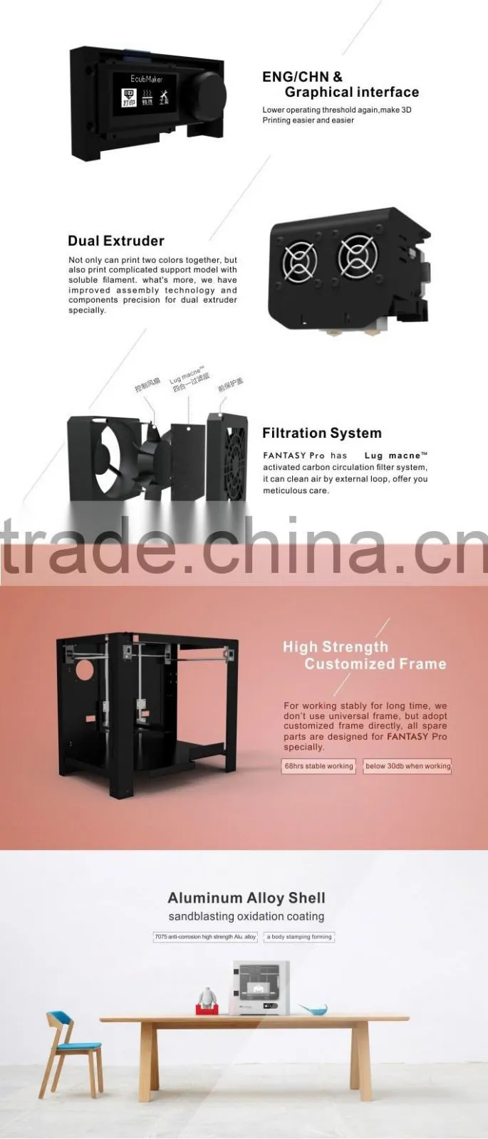 EcubMaker FANTASY Pro Dual Extruder Large Metal FDM 3D Printer Machine China for Sale 260x180x200mm Support Soluble Filament