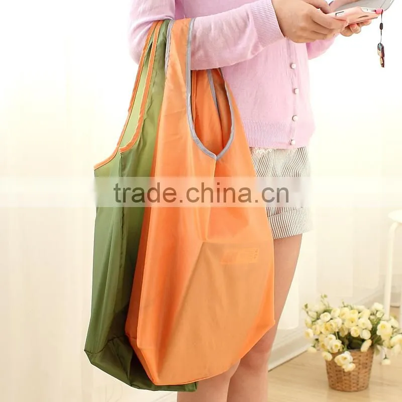 Cheap reusable colorful 190T nylon foldable shoulder shopping bags with pocket