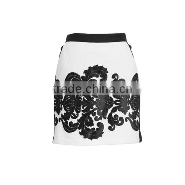high-end fashion design women clothing white and black embroidered sex skirt