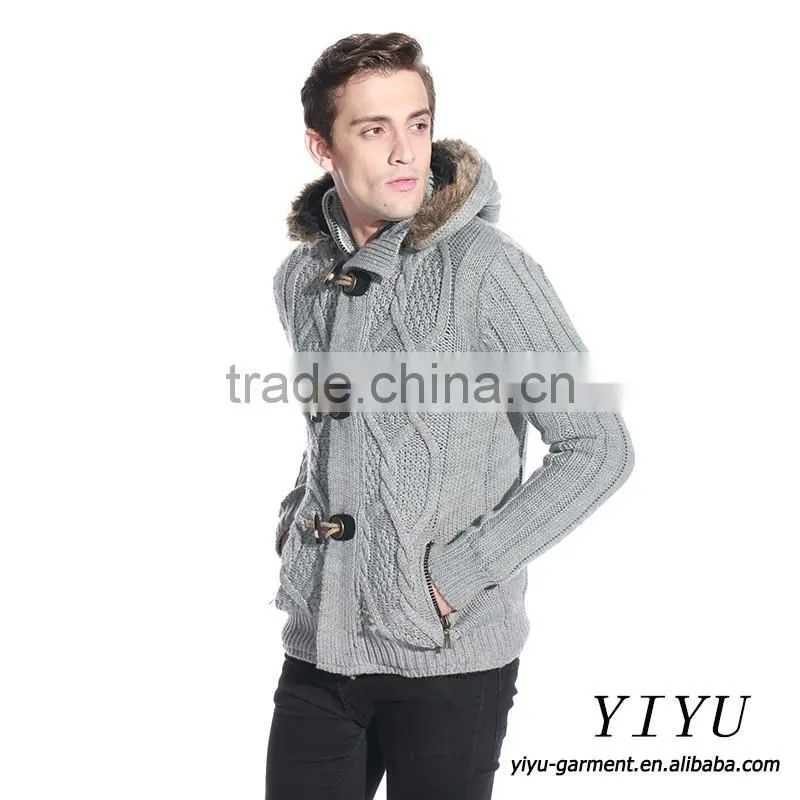Latest Designs Man fleece lined wool top cable knit cardigan sweater with hooded