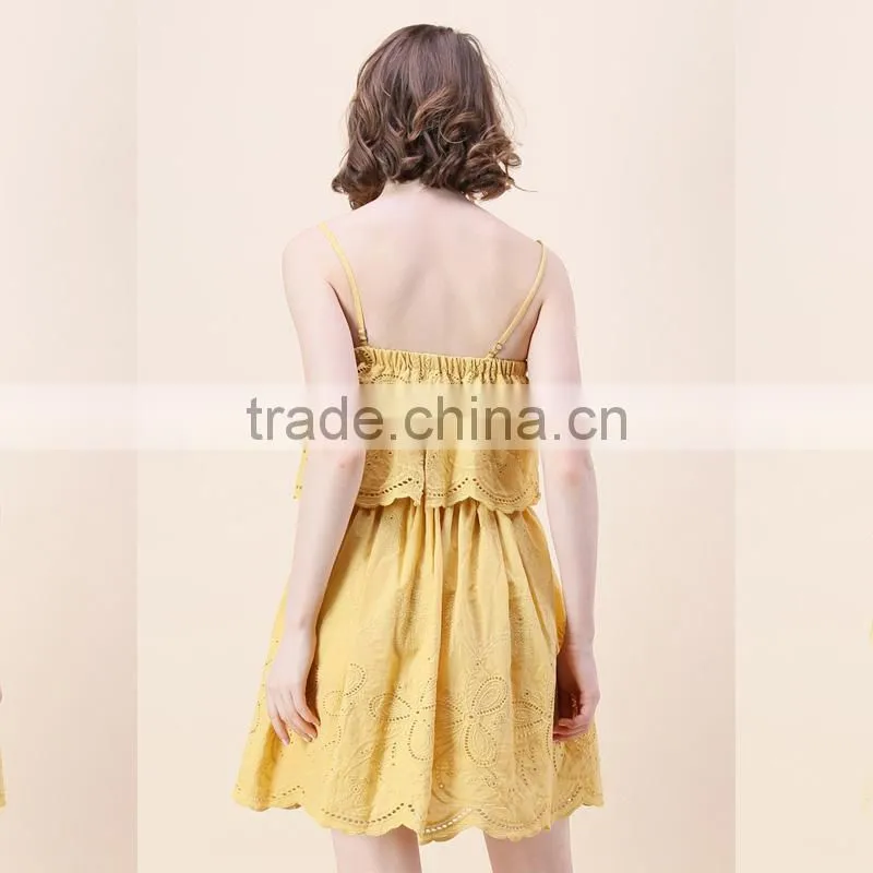 2017 SINGLE COLOR adjustable spaghetti strap embroidered women short dress