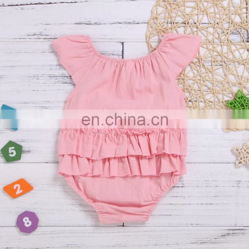 Wholesale Infants & Toddler Linen Clothes Fly Sleeve Ruffle On Back Baby Girls Romper