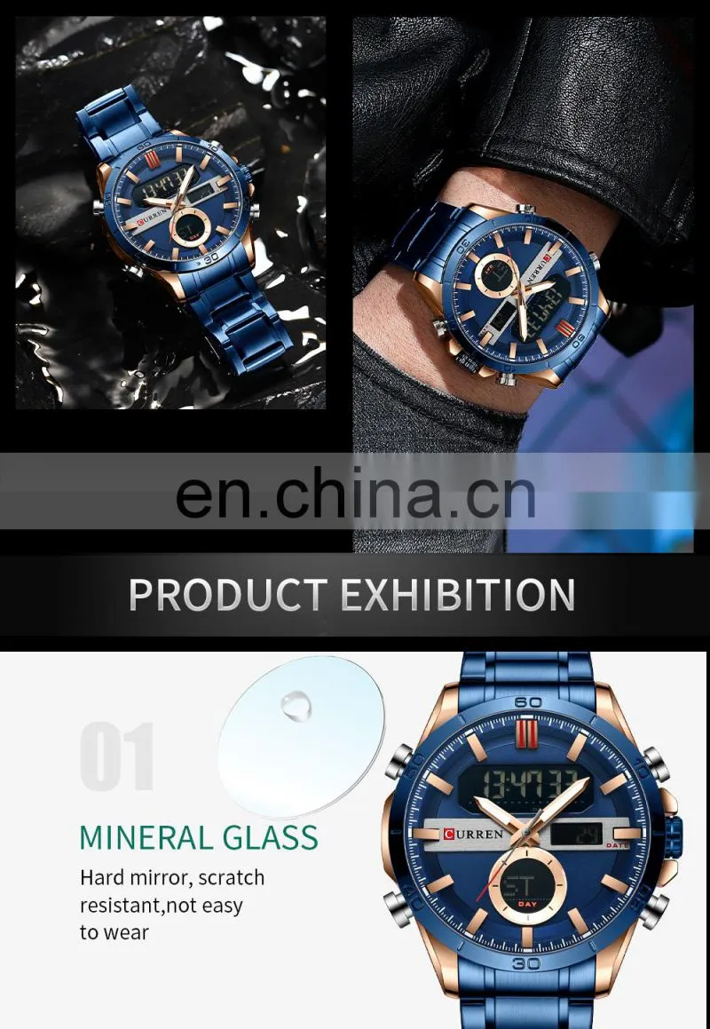 CURREN 8384 Men's Digital Watches Fashion Sport Stainless Steel Chronograph Luminous LED Gold Watch
