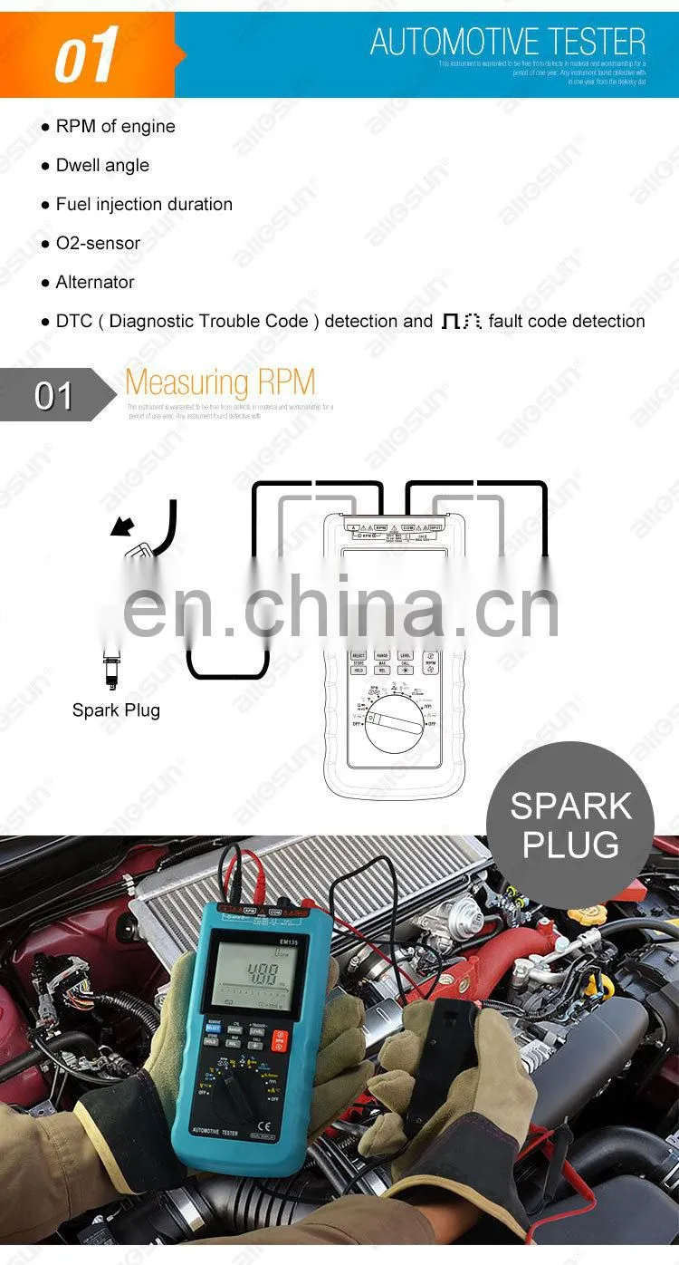 allosun EM135 Car Diagnostic Tool Digital Automotive Multi-meter Car Engine RPM Tester Dwell Angle Car Alternator Tester