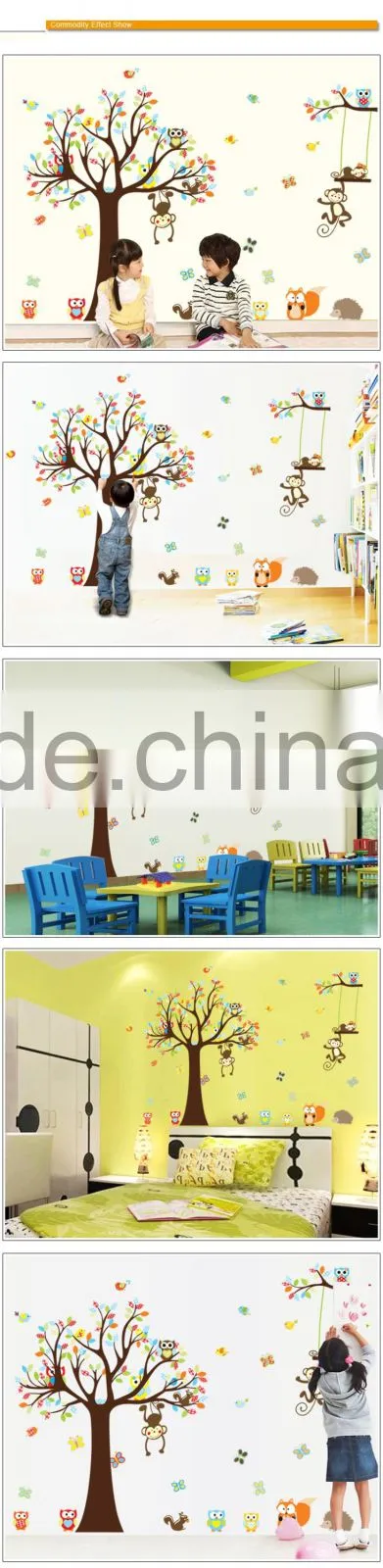 Jungle Zoo Animal Girafee, Elephant, Lion, Zebra and Monkey having party on Tree Monkey Wall Decal Owl Zoo Wall Decal