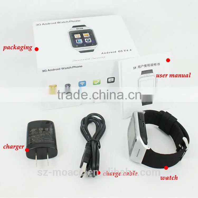 Super quality S8 3G Wifi GPS android 4.4 smart watch sim card
