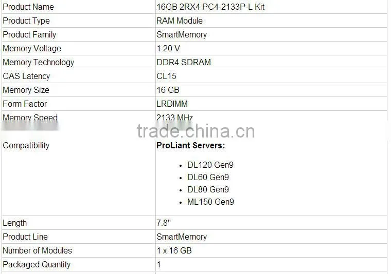 726720-B21 16GB (1x16GB) Dual Rank x4 DDR4-2133 CAS-15-15-15 Load Reduced Memory Kit