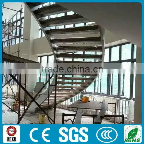Curved Double stainlees steel stringer stairs with solid wood tread and glass railing