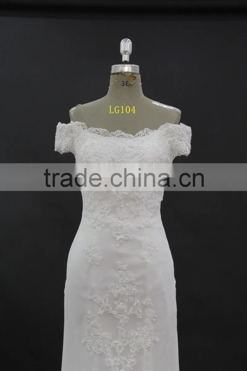 off-shoulder straight neckline horse tail at hem make ruffle effect sheath wedding dress
