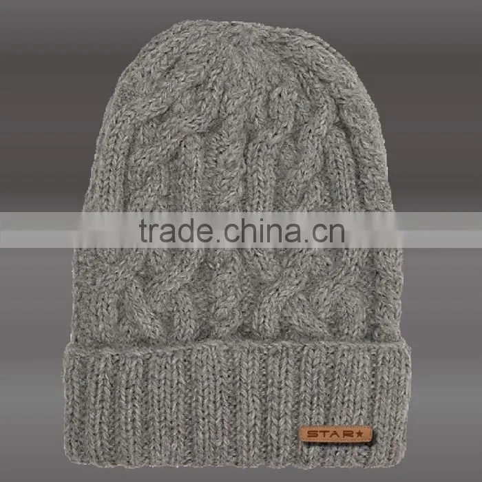 LUXURY LEATHER PATCH FOLD CUFF NAVY WINTER HAT FOR MEN AND WOMEN