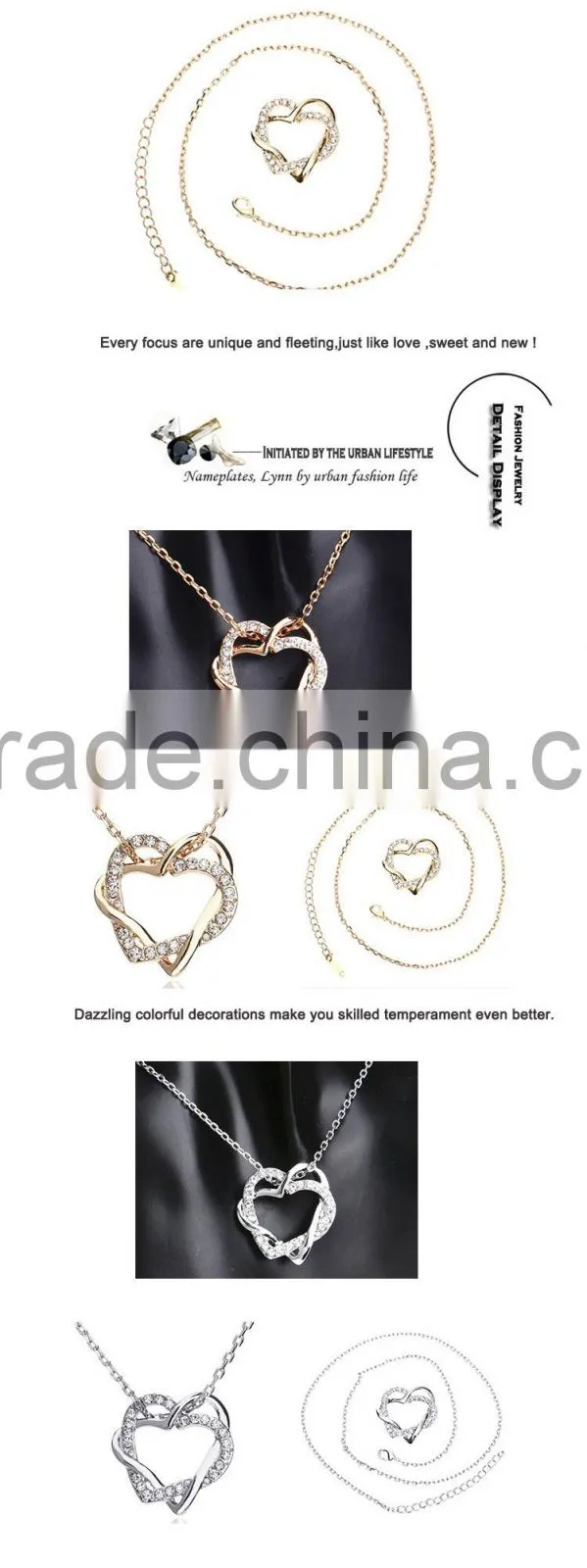 Fashion Jewellery Necklace Women 18k Gold Plated Austrian Crystal Rhinestone Zircon Chunky Double Heart Pendants