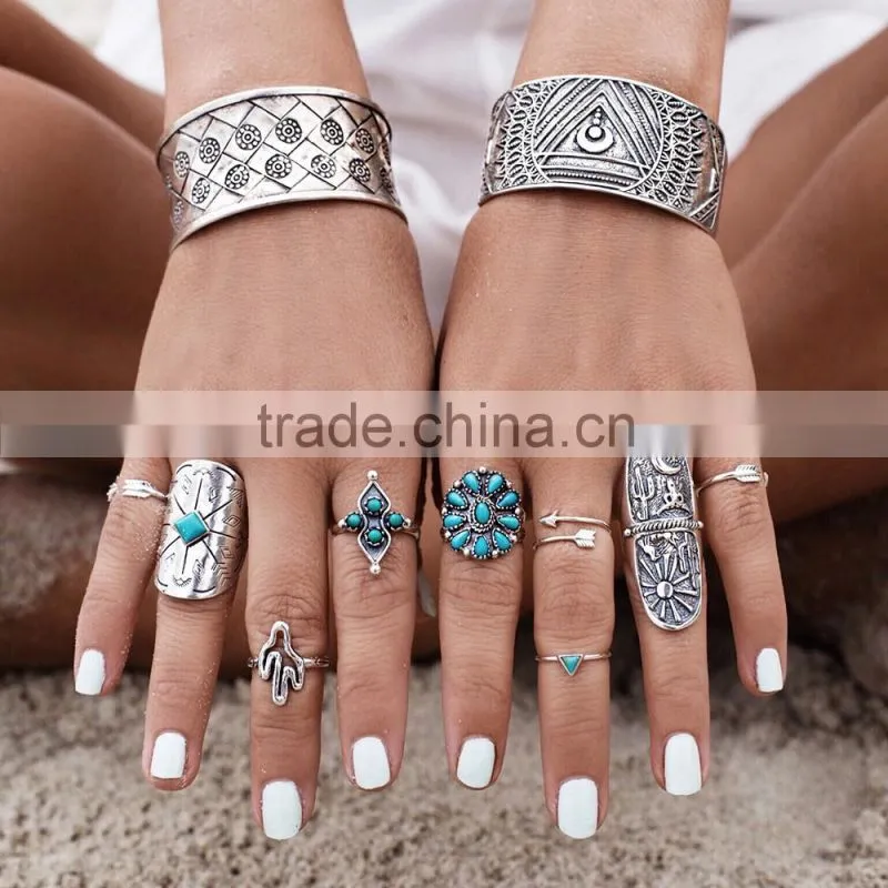 Bohemia Jewelry Set Turquoise Anti Silver Knuckle Carving Ring