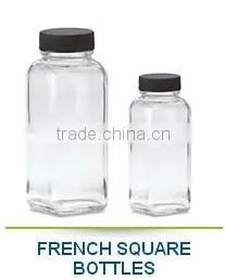 Wide mouth french square beverage glass bottle with black lid