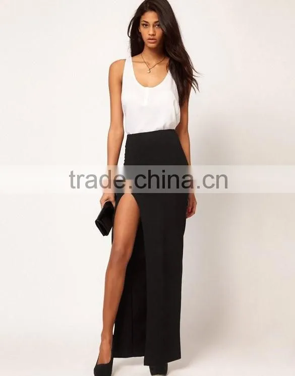 Sexy Women High Waist Solid Side Split Skirt Elastic Waist Stretch Pencil Skirt