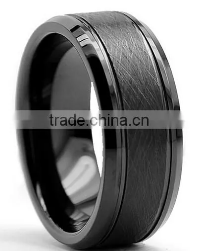 Tungsten Carbide Men's Black Brushed Textured Center Ring (8 mm)