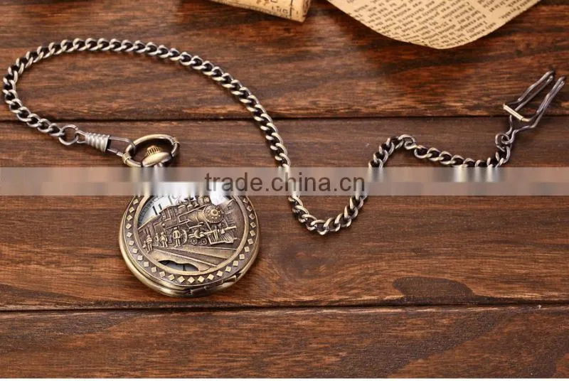 Bronze Steam Train Men Analog Necklace Chain Pocket FOB Quartz Watch