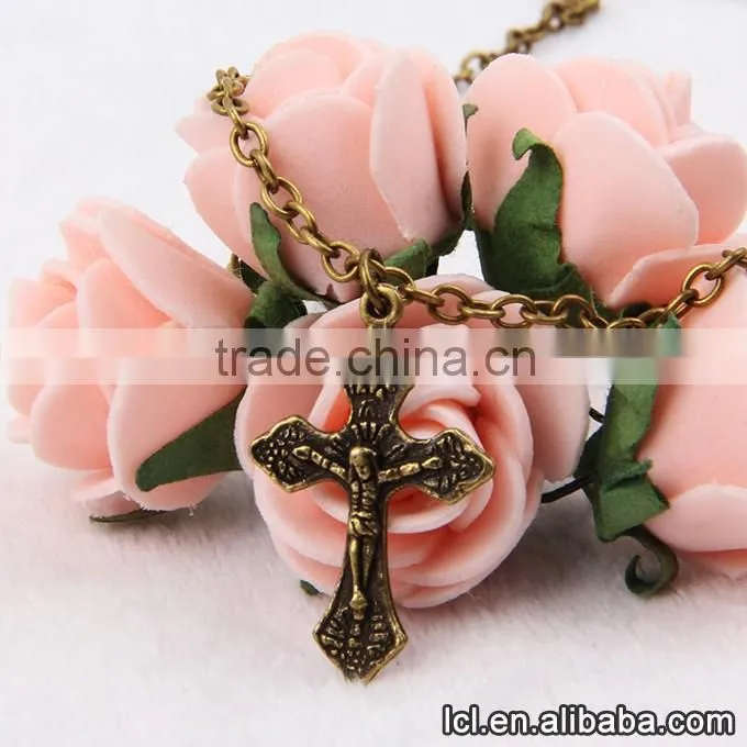 Fashion imitation jewelry necklace, antique imitation silver religious bead necklace with fish pendant