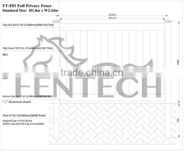 Fentech White Flat-Top Privacy Vinyl PVC Cheap Fencing