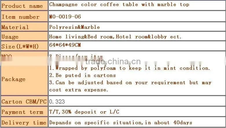 Champagne gold coffee table with marble top, French furniture