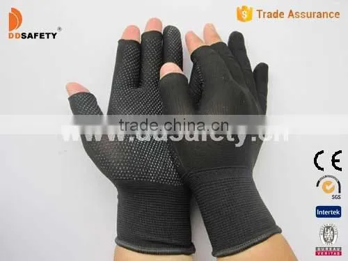 13 Gauge Nylon Seamless Half Finger Gloves With Black Mini PVC Dots One Side