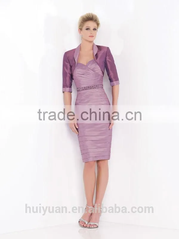 new style knee length satin beaded long sleeve cocktail dresses