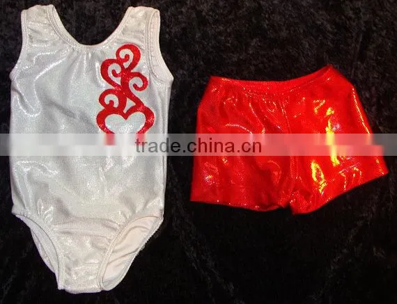 Clearance Gymnastics sequin leotard for toddler in silver/white mystique with a red shattered glass heart design and shorts