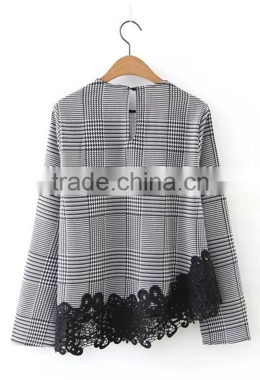 Runwaylover EY2378B Ladies 2017 Fashion Lace Splice Plaid Blouse