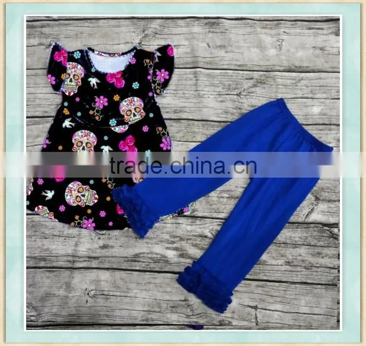 Top union girls clothes baby girl halloween kid baby ruffle pant and flutter skull picture girls outfit
