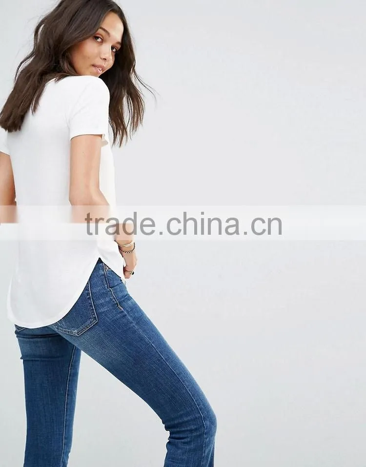 Guangzhou High Quality Sport Casual O-Neck Short Sleeve Curved Hem White 180g 100% Polyester Chiffon Ladies T Shirt