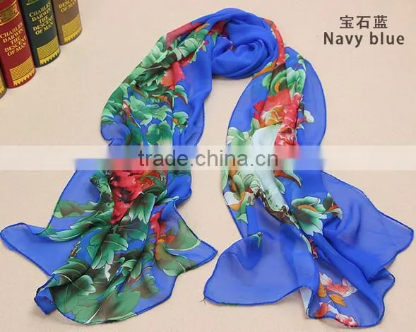 Fashion Women Chiffon Scarf Spring Summer Peony Flower Printing Elegant Lady Shawls Scarves