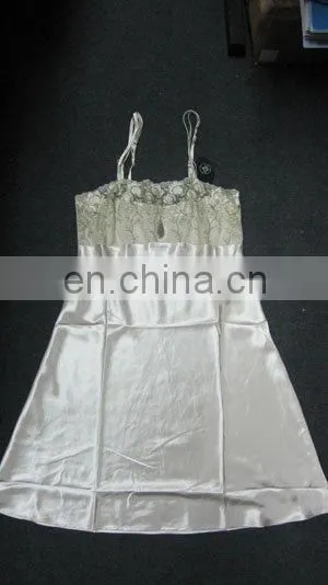 Lady's 100%polyester satin nightwear chemise with emb.lace fabric lingerie set