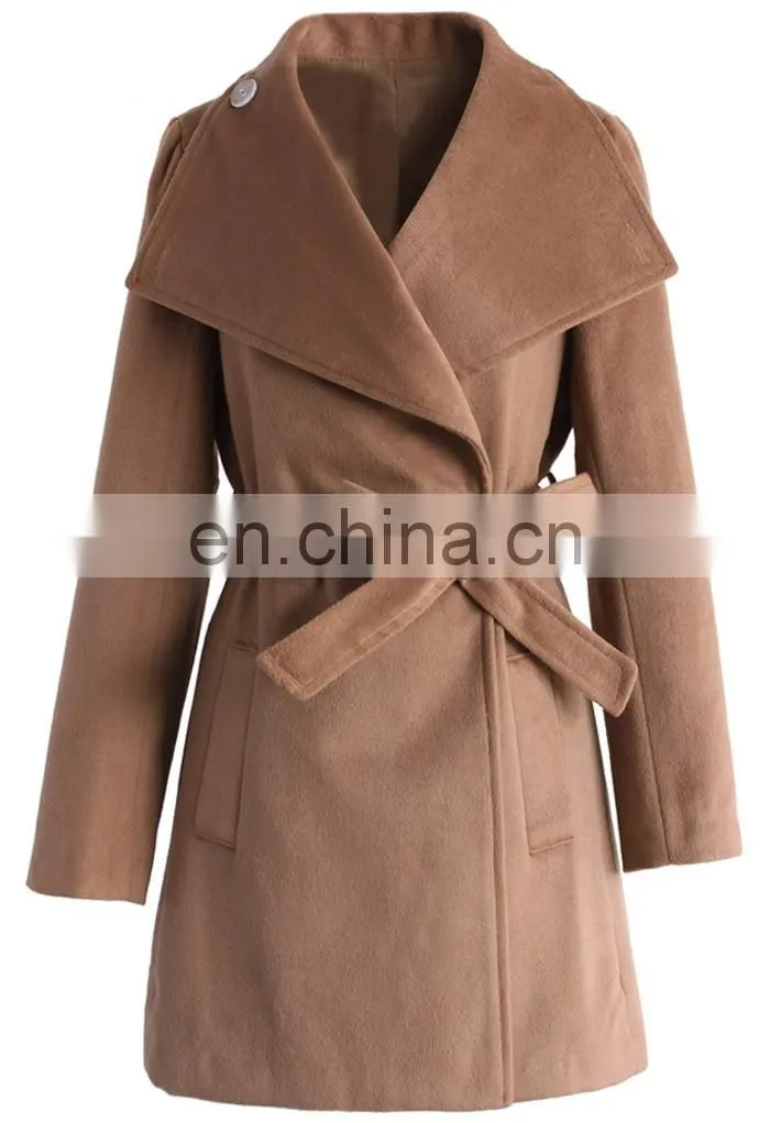 Women's Winter Long Coat Wide Collar Long Sleeve Belted Wool Blend Coat in Tan