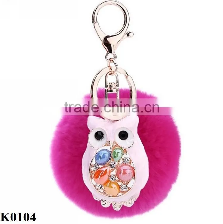 Colored owl keychain fur ball key chain owl with gemstone keychain keyring K0104