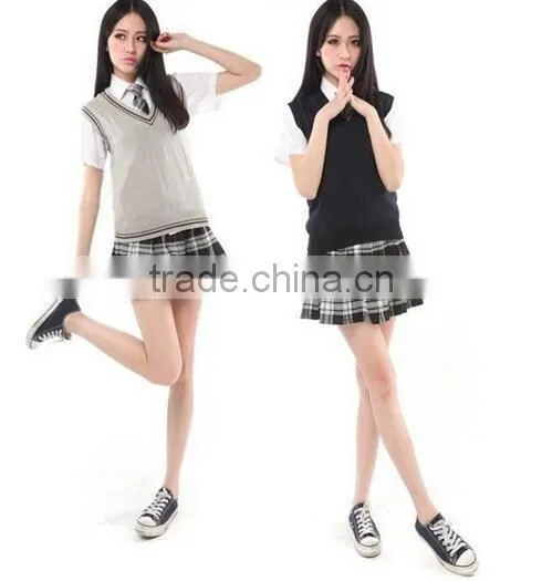 Girls Vest Sweater Uniforms Student School Uniform V-neck Cotton Vest Short/Long Sleeve Shirt Plaid Skirt